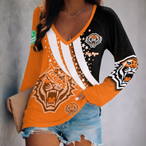 Auspiritmerch Wests Tigers Women's V-neck Long Shirt Custom Name Gift For Fan