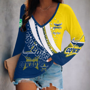 Auspiritmerch North Queensland Cowboys Women's V-neck Long Shirt Custom Name Gift For Fan