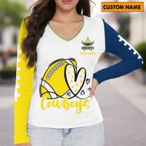 Auspiritmerch North Queensland Cowboys Women's V-neck Long Shirt Custom Name Gift For Fan