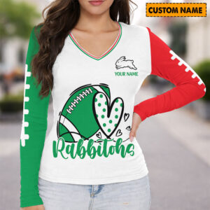 Auspiritmerch South Sydney Rabbitohs Women's V-neck Long Shirt Custom Name Gift For Fan