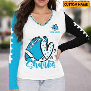 Auspiritmerch Cronulla-Sutherland Sharks Women's V-neck Long Shirt Custom Name Gift For Fan
