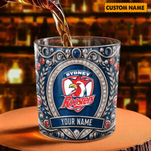 Auspiritmerch Sydney Roosters Whiskey Glass Custom Name Gift For Fans