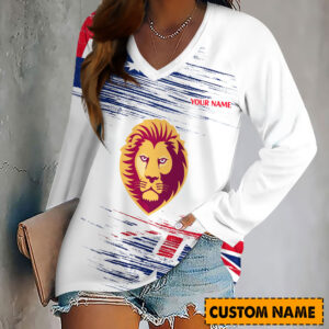 Auspiritmerch Brisbane Lions Women's V-neck Long Shirt Custom Name Gift For Fan