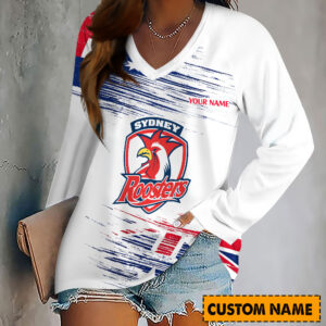 Auspiritmerch Sydney Roosters Women's V-neck Long Shirt Custom Name Gift For Fan