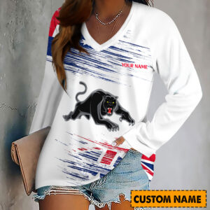 Auspiritmerch Penrith Panthers Women's V-neck Long Shirt Custom Name Gift For Fan