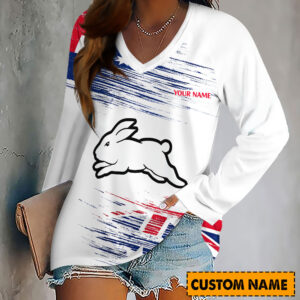 Auspiritmerch South Sydney Rabbitohs Women's V-neck Long Shirt Custom Name Gift For Fan