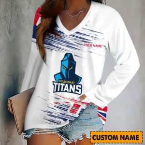 Auspiritmerch Gold Coast Titans Women's V-neck Long Shirt Custom Name Gift For Fan