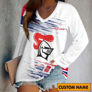 Auspiritmerch Newcastle Knights Women's V-neck Long Shirt Custom Name Gift For Fan