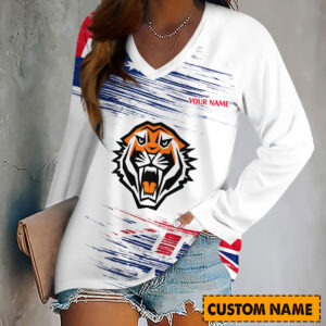 Auspiritmerch Wests Tigers Women's V-neck Long Shirt Custom Name Gift For Fan