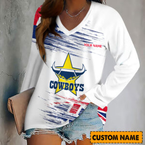 Auspiritmerch North Queensland Cowboys Women's V-neck Long Shirt Custom Name Gift For Fan