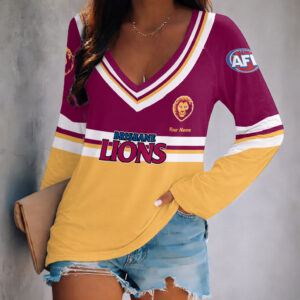 Auspiritmerch Brisbane Lions Women's V-neck Long Shirt Custom Name Gift For Fan