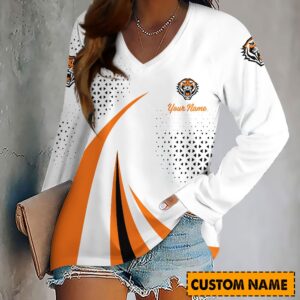 Auspiritmerch Wests Tigers Women's V-neck Long Shirt Custom Name Gift For Fan