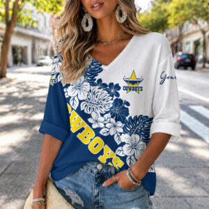 Auspiritmerch North Queensland Cowboys Women's V-neck Long Shirt Custom Name Gift For Fan
