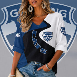 Auspiritmerch Geelong Cats Women's V-neck Long Shirt Custom Name Gift For Fan