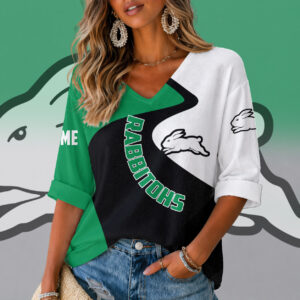 Auspiritmerch South Sydney Rabbitohs Women's V-neck Long Shirt Custom Name Gift For Fan