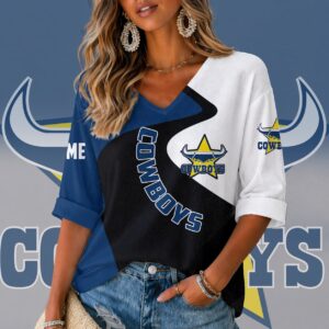 Auspiritmerch North Queensland Cowboys Women's V-neck Long Shirt Custom Name Gift For Fan