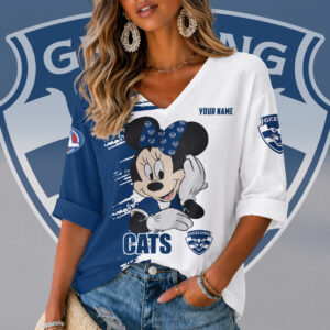 Auspiritmerch Geelong Cats Women's V-neck Long Shirt Custom Name Gift For Fan