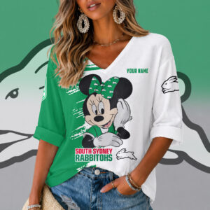 Auspiritmerch South Sydney Rabbitohs Women's V-neck Long Shirt Custom Name Gift For Fan