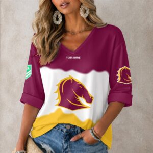 Auspiritmerch Brisbane Broncos Women's V-neck Long Shirt Custom Name Gift For Fan