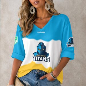 Auspiritmerch Gold Coast Titans Women's V-neck Long Shirt Custom Name Gift For Fan