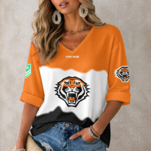 Auspiritmerch Wests Tigers Women's V-neck Long Shirt Custom Name Gift For Fan
