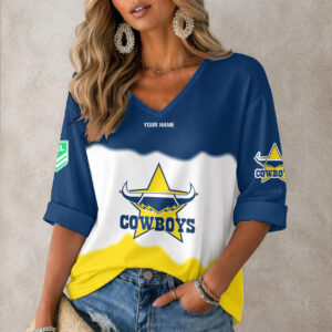 Auspiritmerch North Queensland Cowboys Women's V-neck Long Shirt Custom Name Gift For Fan