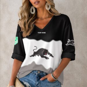 Auspiritmerch Penrith Panthers Women's V-neck Long Shirt Custom Name Gift For Fan