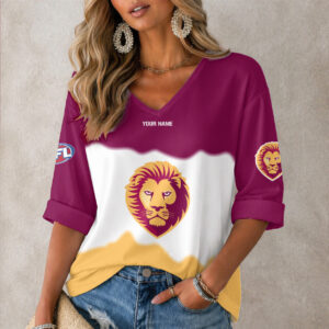Auspiritmerch Brisbane Lions Women's V-neck Long Shirt Custom Name Gift For Fan
