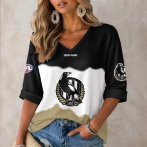 Auspiritmerch Collingwood Magpies Women's V-neck Long Shirt Custom Name Gift For Fan