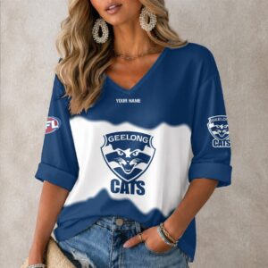 Auspiritmerch Geelong Cats Women's V-neck Long Shirt Custom Name Gift For Fan