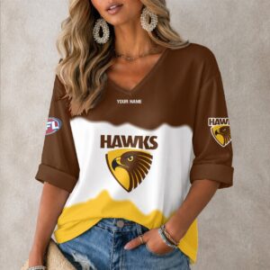 Auspiritmerch Hawthorn Hawks Women's V-neck Long Shirt Custom Name Gift For Fan