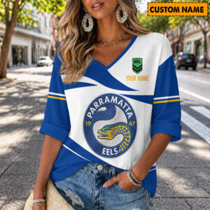 Auspiritmerch Parramatta Eels Women's V-neck Long Shirt Custom Name Gift For Fan