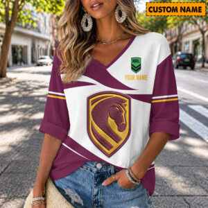 Auspiritmerch Brisbane Broncos Women's V-neck Long Shirt Custom Name Gift For Fan