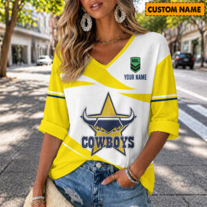 Auspiritmerch North Queensland Cowboys Women's V-neck Long Shirt Custom Name Gift For Fan