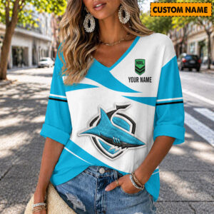 Auspiritmerch Cronulla-Sutherland Sharks Women's V-neck Long Shirt Custom Name Gift For Fan