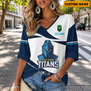 Auspiritmerch Gold Coast Titans Women's V-neck Long Shirt Custom Name Gift For Fan