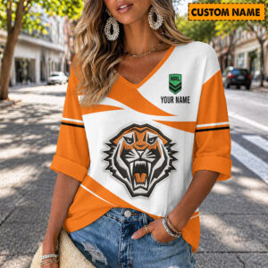 Auspiritmerch Wests Tigers Women's V-neck Long Shirt Custom Name Gift For Fan