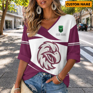 Auspiritmerch Manly Warringah Sea Eagles Women's V-neck Long Shirt Custom Name Gift For Fan