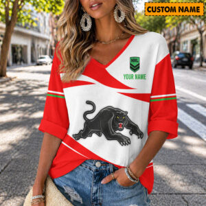 Auspiritmerch Penrith Panthers Women's V-neck Long Shirt Custom Name Gift For Fan