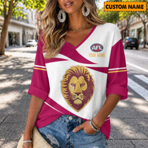 Auspiritmerch Brisbane Lions Women's V-neck Long Shirt Custom Name Gift For Fan