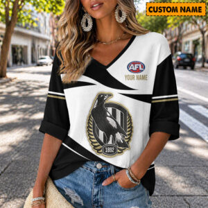 Auspiritmerch Collingwood Magpies Women's V-neck Long Shirt Custom Name Gift For Fan