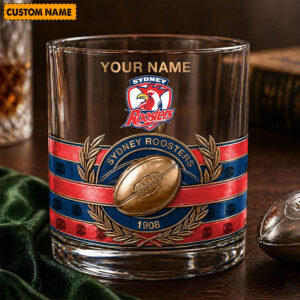 Auspiritmerch Sydney Roosters Whiskey Glass Custom Name Gift For Fans