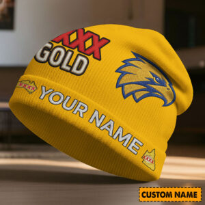 Auspiritmerch West Coast Eagles x XXXX Gold Beanie Hat Custom Name Gift For Fans