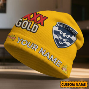 Auspiritmerch Geelong Cats x XXXX Gold Beanie Hat Custom Name Gift For Fans