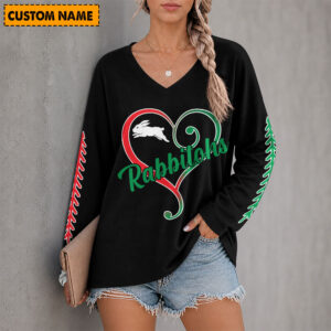 Auspiritmerch South Sydney Rabbitohs Women's V-neck Long Shirt Custom Name Gift For Fan