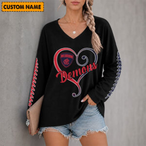 Auspiritmerch Melbourne Demons Women's V-neck Long Shirt Custom Name Gift For Fan
