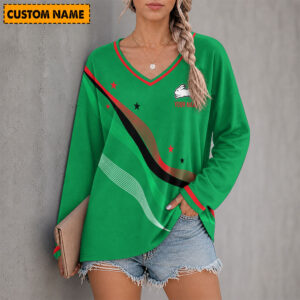 Auspiritmerch South Sydney Rabbitohs Women's V-neck Long Shirt Custom Name Gift For Fan