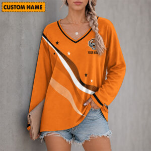 Auspiritmerch Wests Tigers Women's V-neck Long Shirt Custom Name Gift For Fan