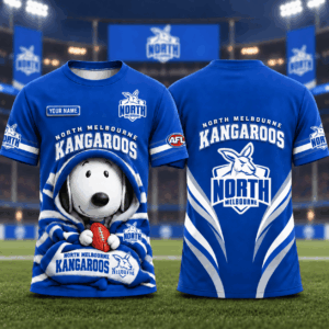 Auspiritmerch North Melbourne Kangaroos x Snoopy T-Shirt Custom Name Gift For Fan