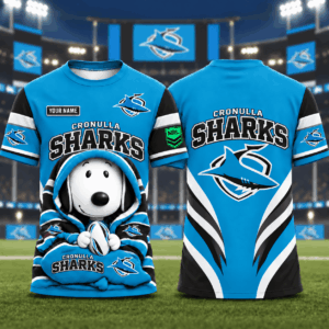 Auspiritmerch Cronulla-Sutherland Sharks x Snoopy T-Shirt Custom Name Gift For Fan